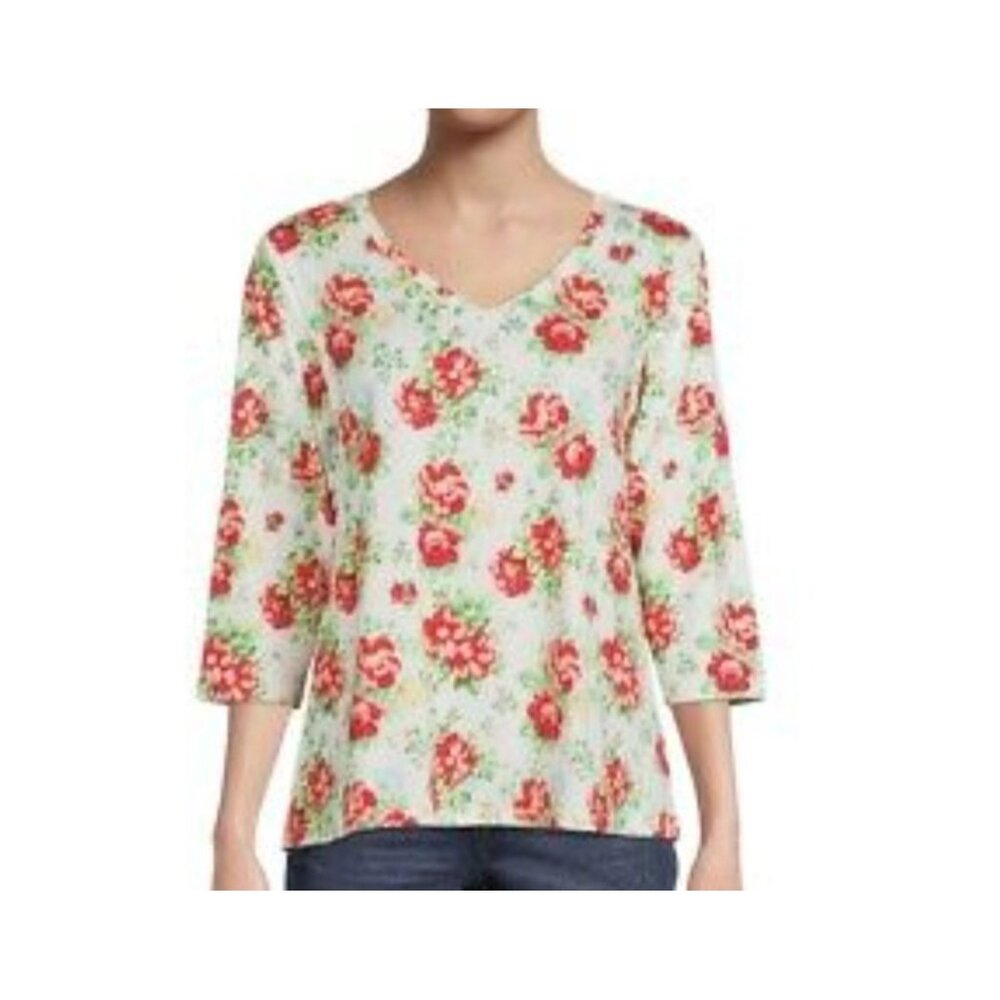 Medium Pioneer Woman V-neck T-shirt 3/4 Sleeve Floral Soft Fast Ship